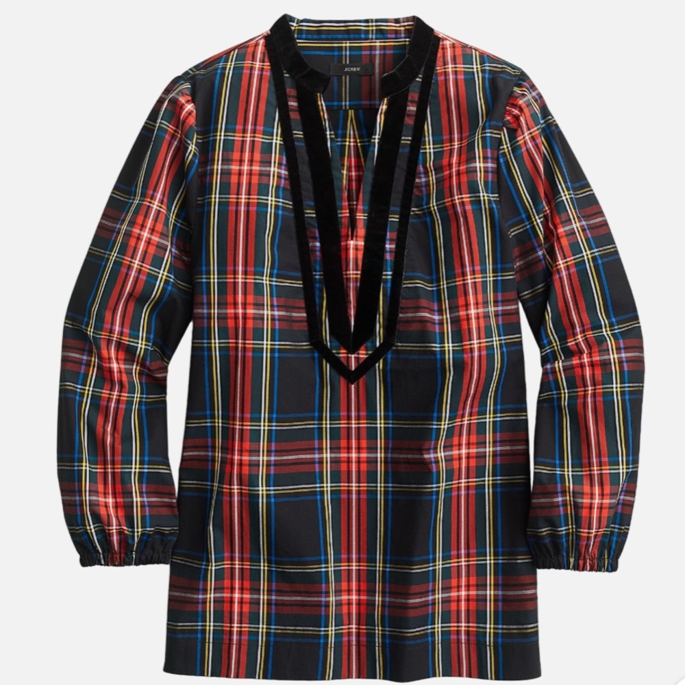 JCrew black velvet trimmed vneck tunic - Stewart tartan size XXS